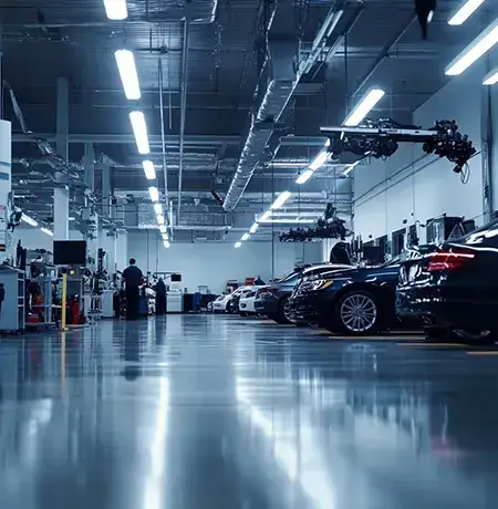 Modern auto body shop with vehicles in repair.