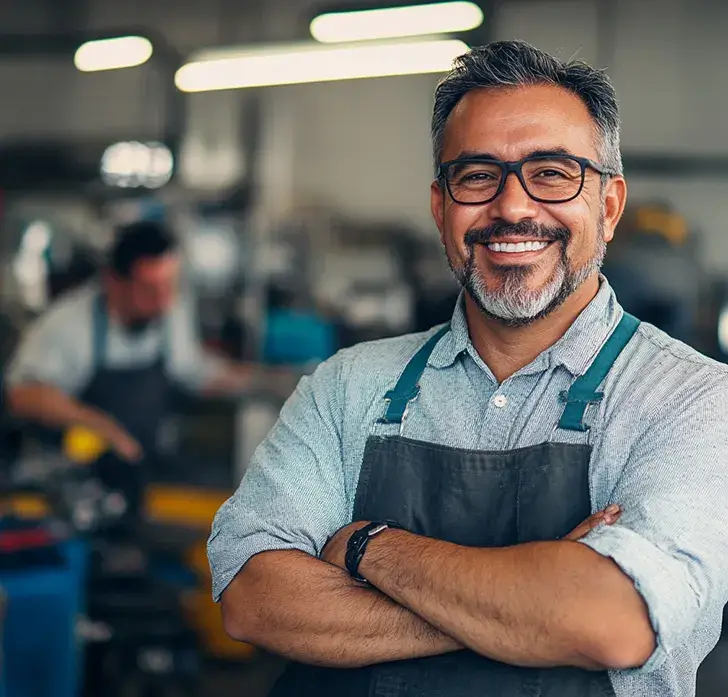 Smiling professional in an auto body shop.