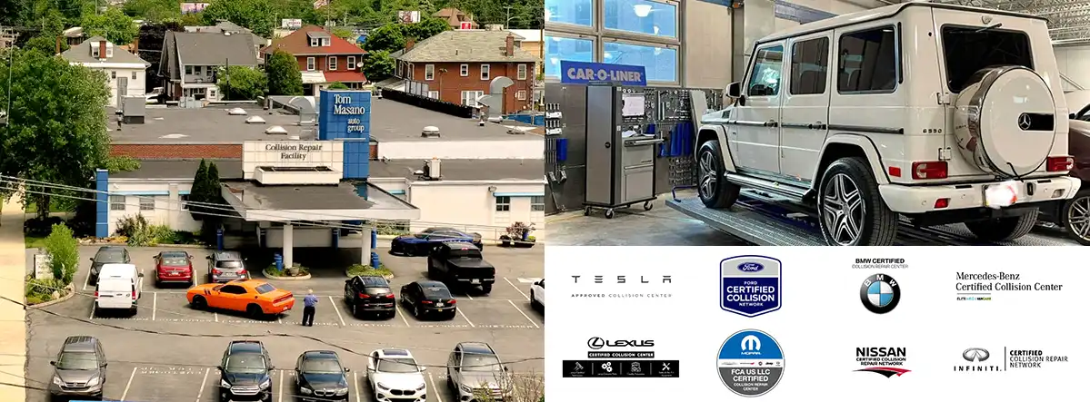 Tom Masano collision facility with cars and certified brand logos.